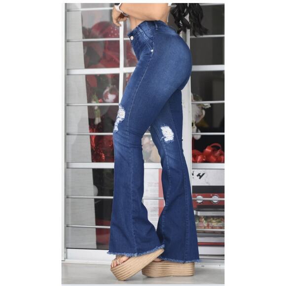 Clovix Jeans Dama WMNS Blue Tummy Control Distressed Raw Hem Wide Leg SZ US 10 - Picture 5 of 12